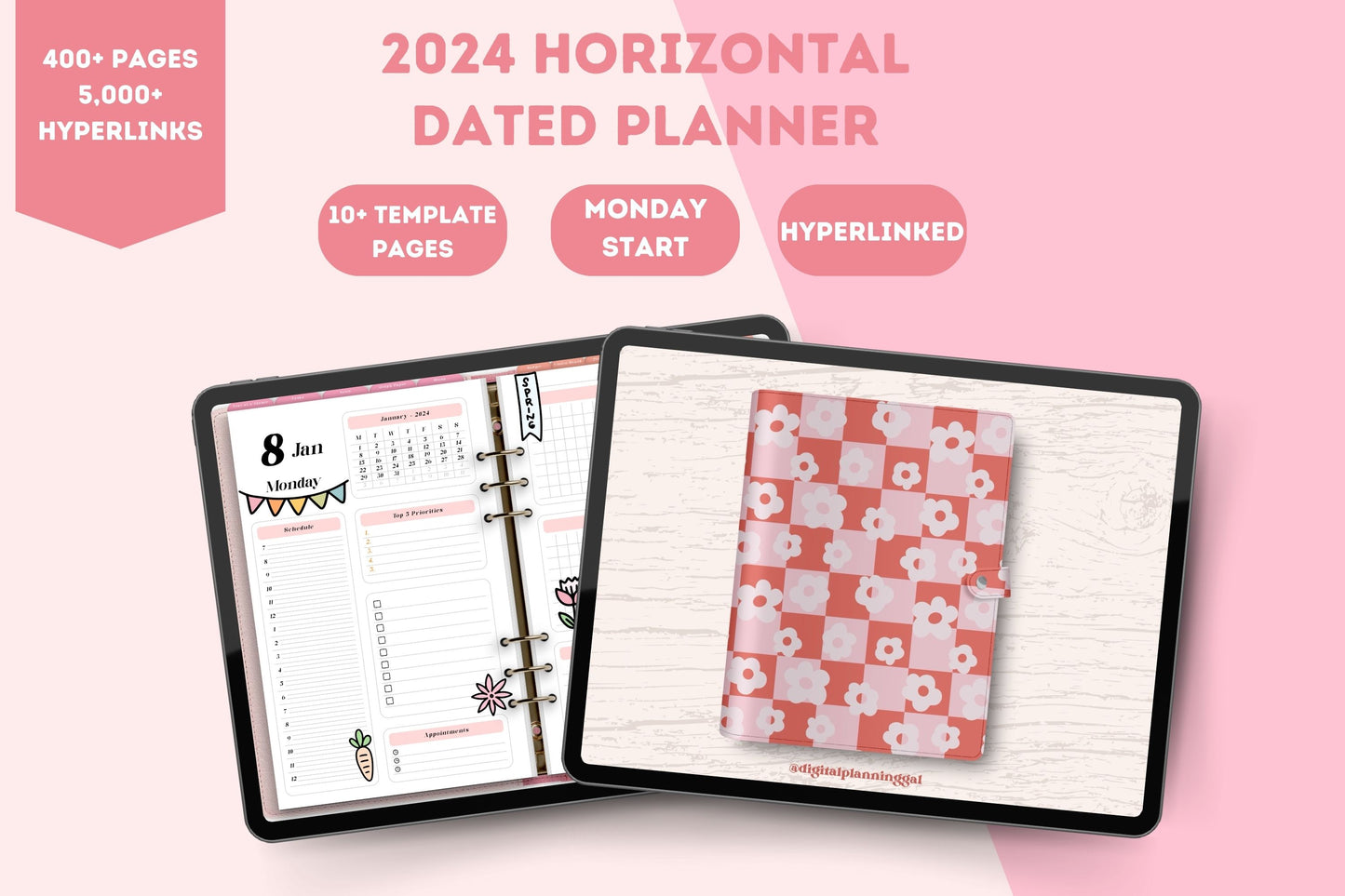 Retro Pink 2024 Horizontal Dated Hyperlinked Digital Planner