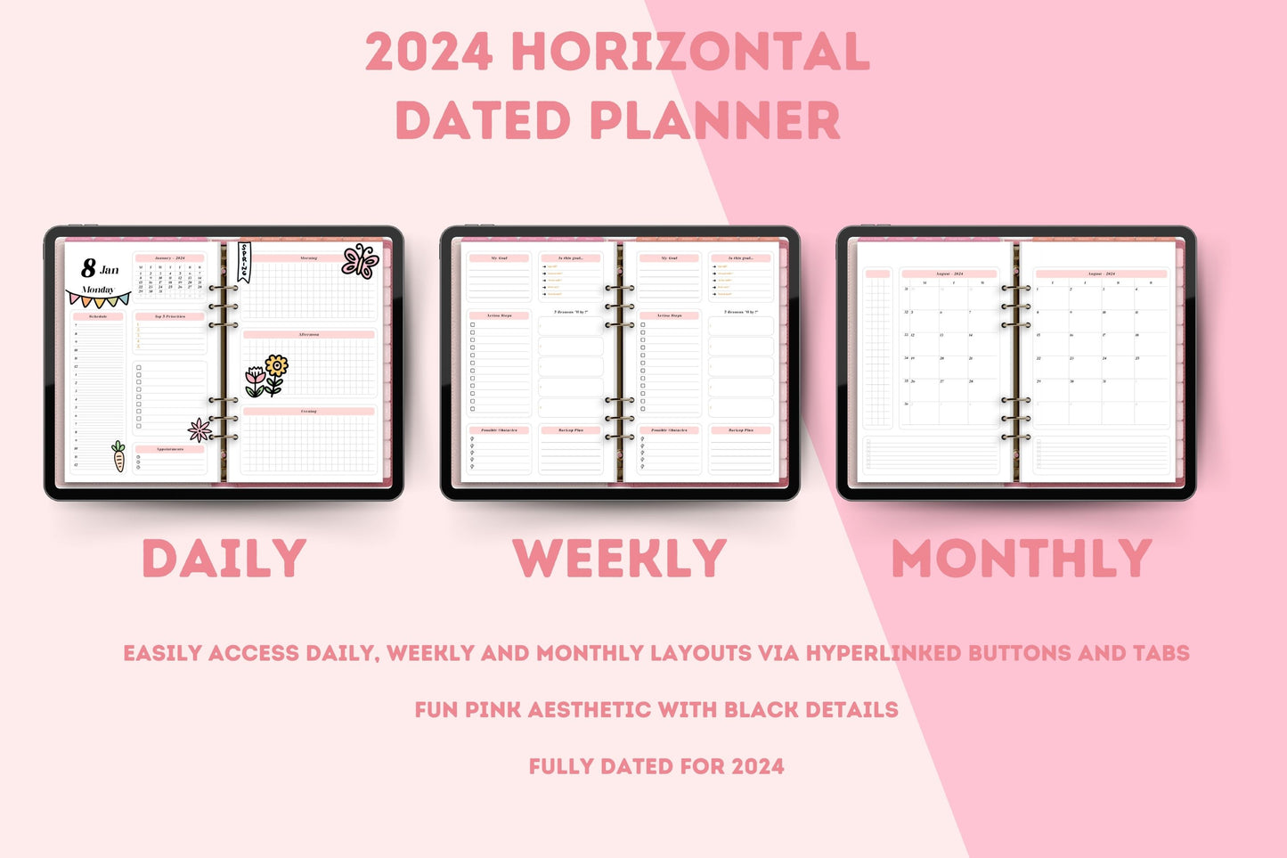 Retro Pink 2024 Horizontal Dated Hyperlinked Digital Planner