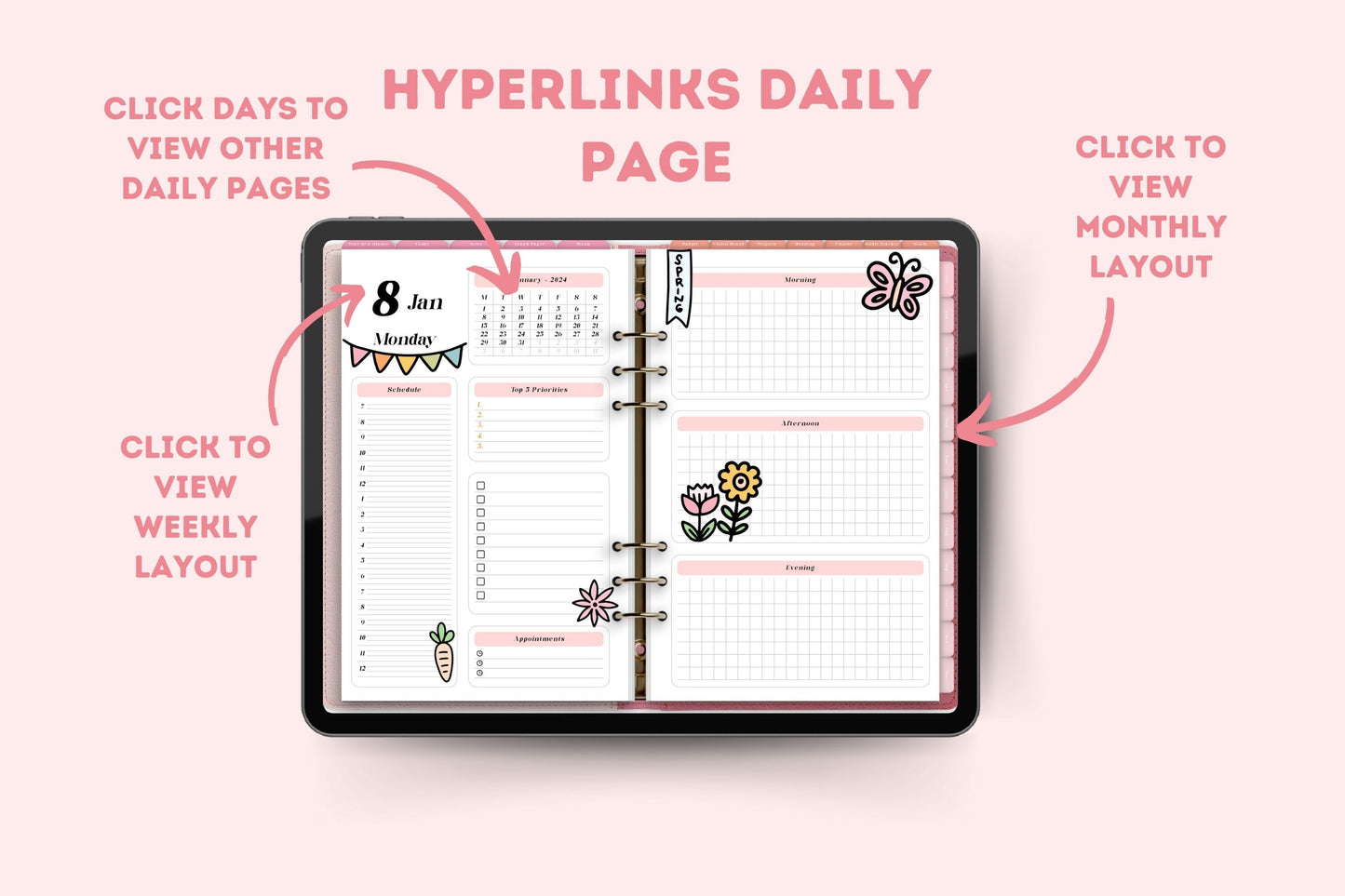 Retro Pink 2024 Horizontal Dated Hyperlinked Digital Planner