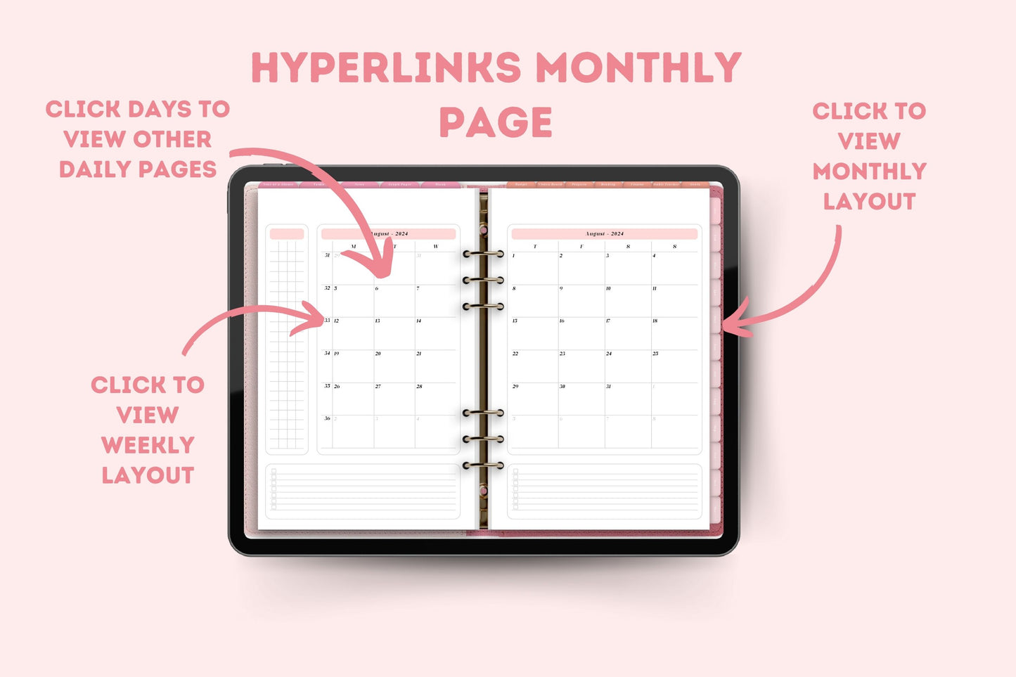 Retro Pink 2024 Horizontal Dated Hyperlinked Digital Planner