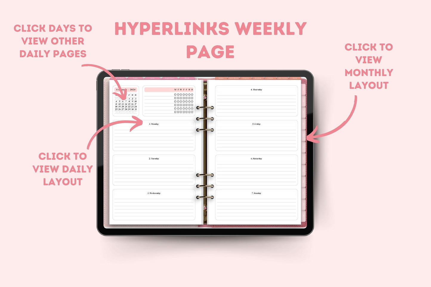 Retro Pink 2024 Horizontal Dated Hyperlinked Digital Planner