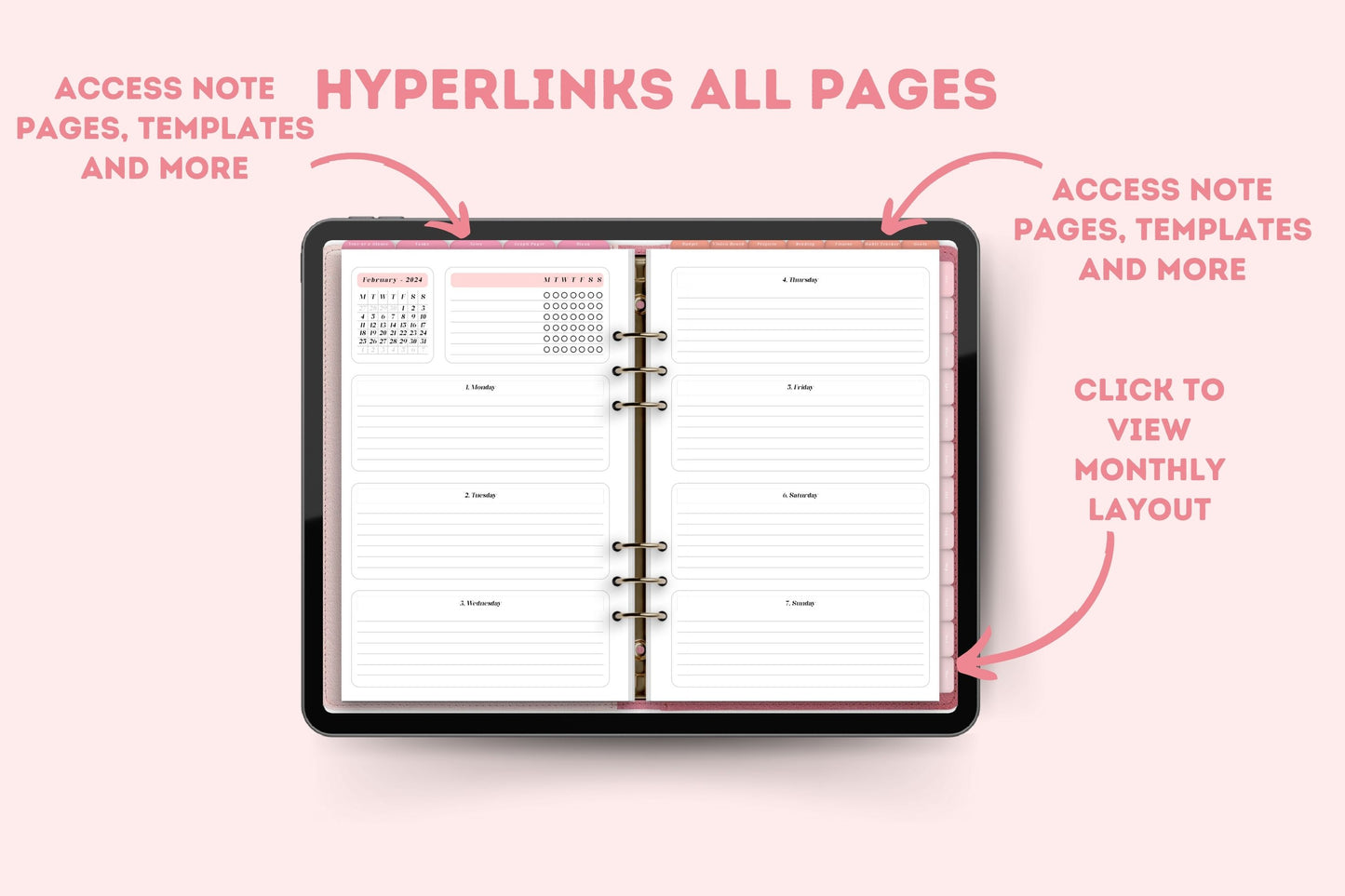 Retro Pink 2024 Horizontal Dated Hyperlinked Digital Planner
