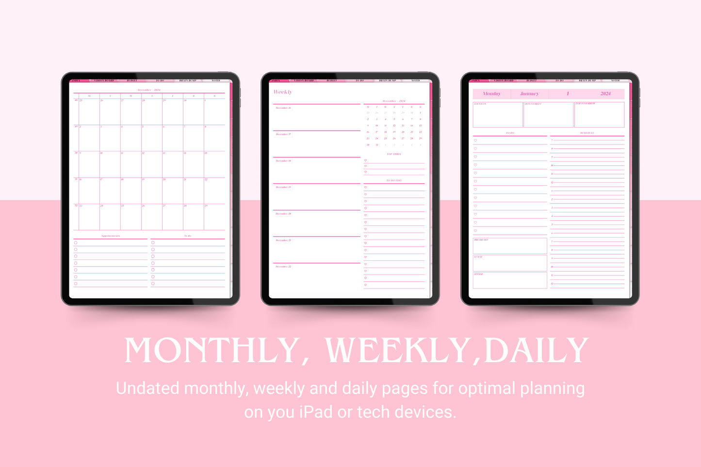 2024 Dated Hyperlinked Pink Digital Planner