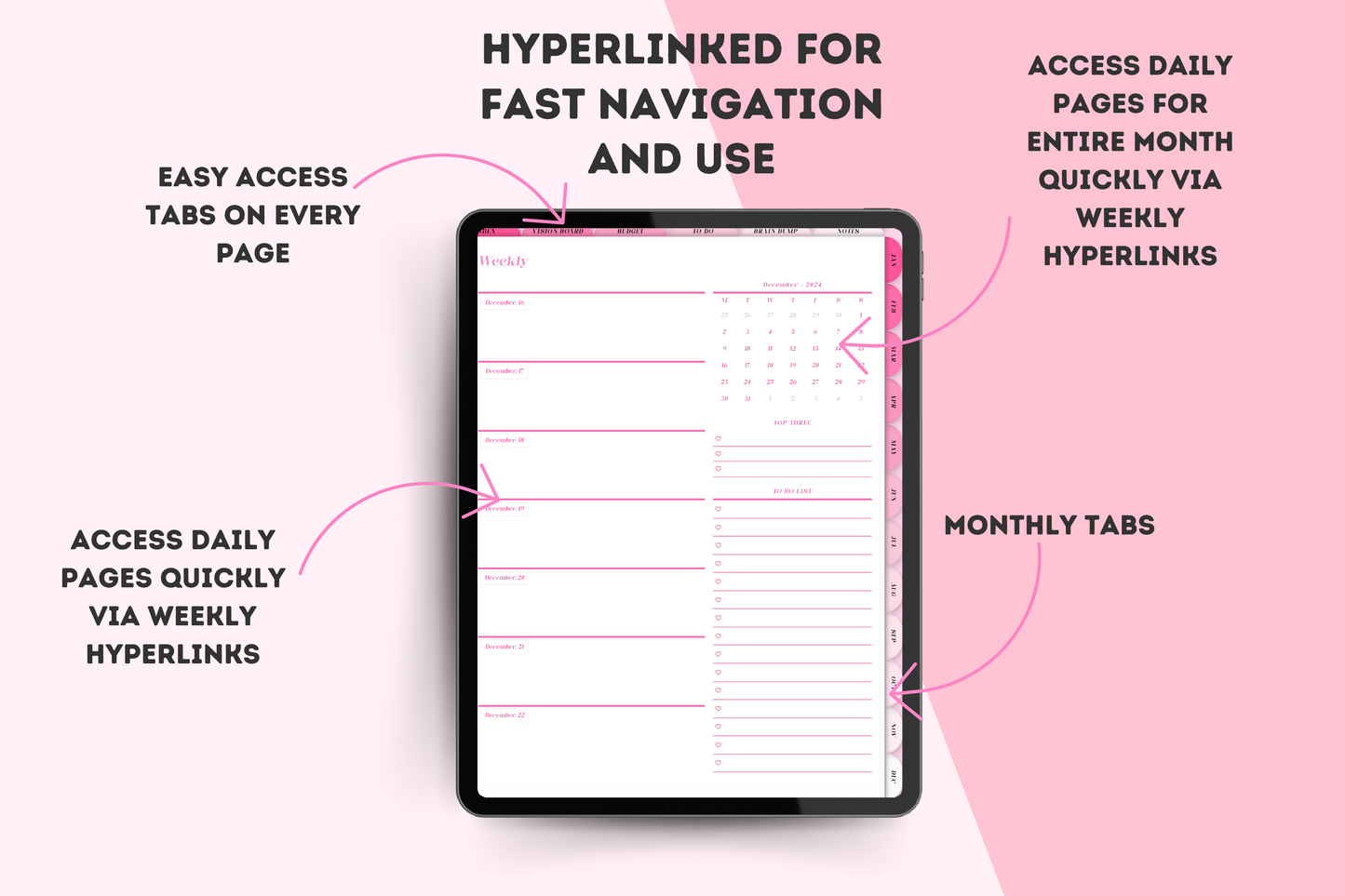 2024 Dated Hyperlinked Pink Digital Planner