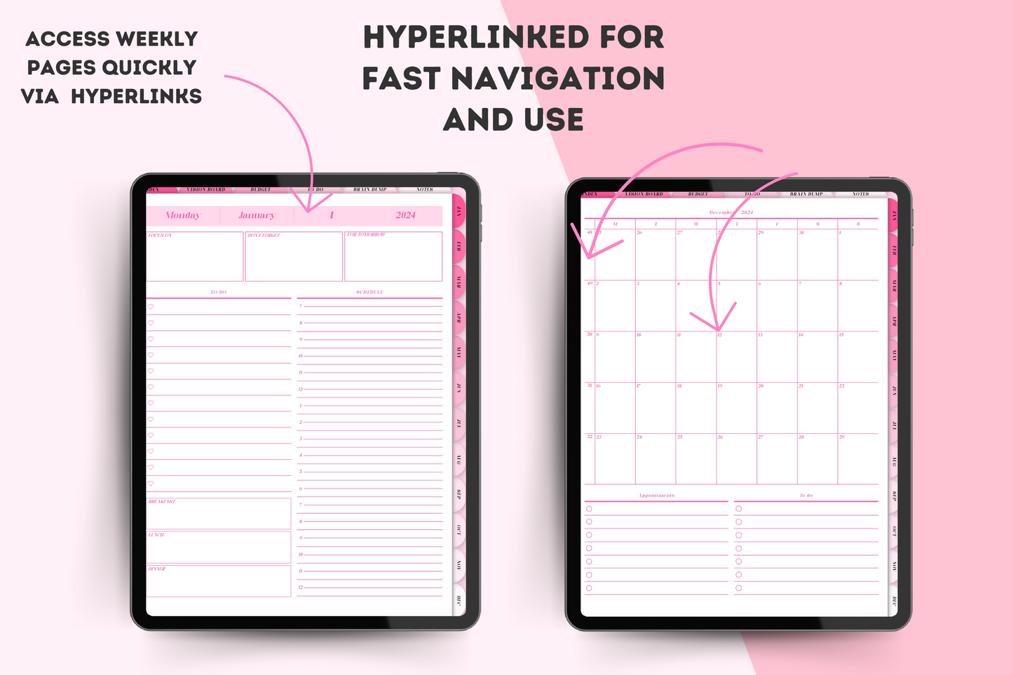2024 Dated Hyperlinked Pink Digital Planner